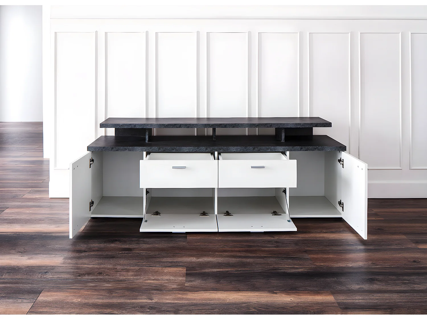 Mood TV Möbel 2 Türen, 2 Schubladen, 4 Offene Fächer, 2 Klappen weiß, Stone dekor.