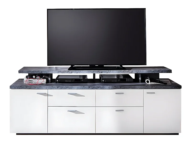 Mood TV Möbel 2 Türen, 2 Schubladen, 4 Offene Fächer, 2 Klappen weiß, Stone dekor.