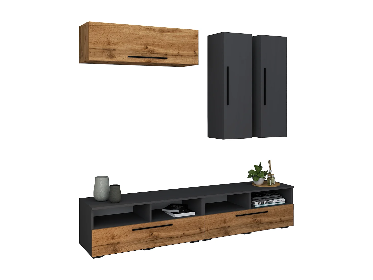 TV Furniture Arila Anthracite / honey oak H. 200 x W. 190 x D. 40 cm