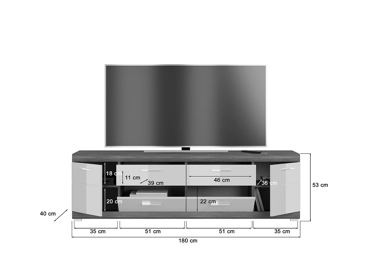 Scout table tV 2 portes, 2 tiroirs gris.