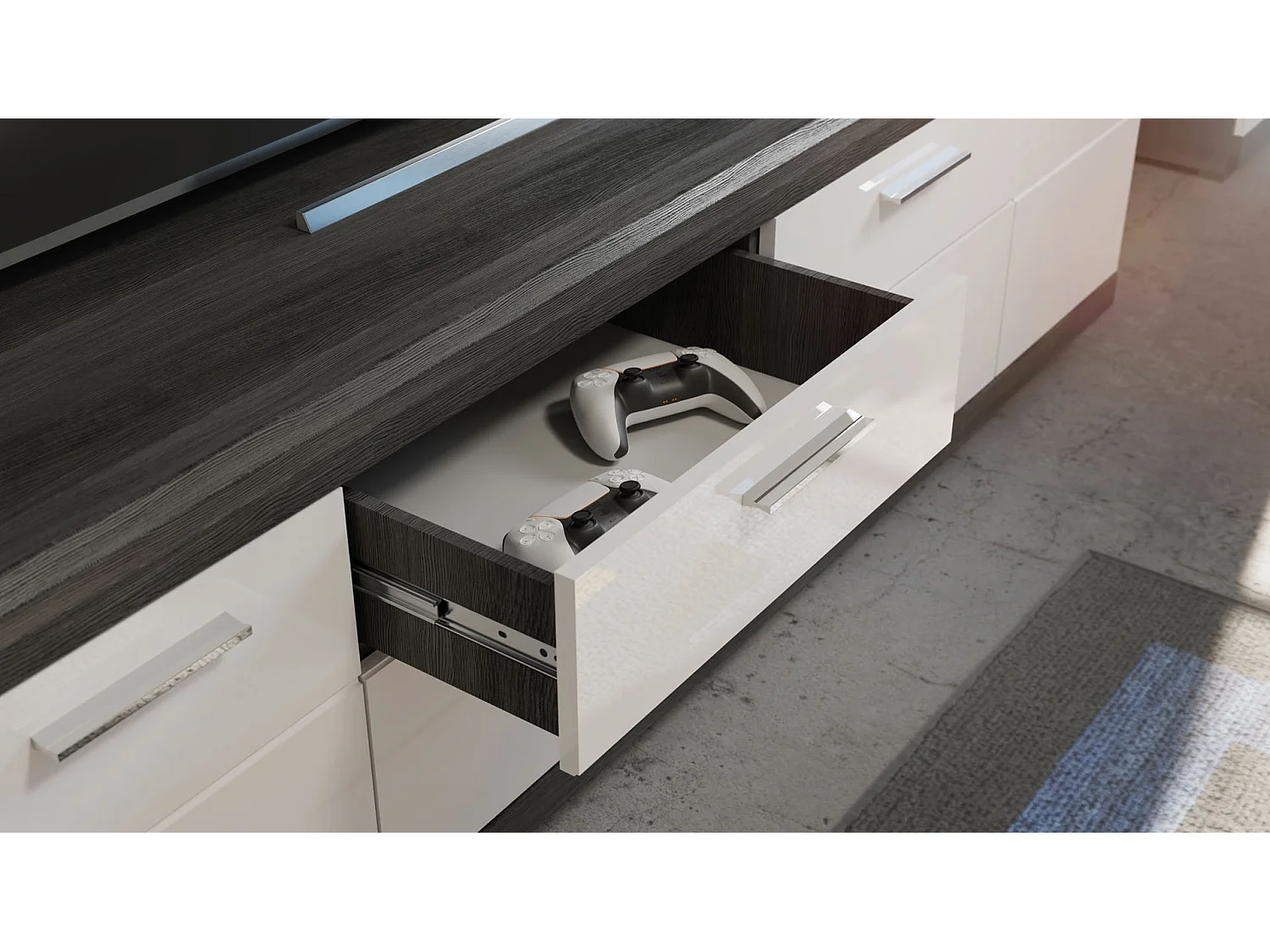 Scout table tV 2 portes, 2 tiroirs gris.