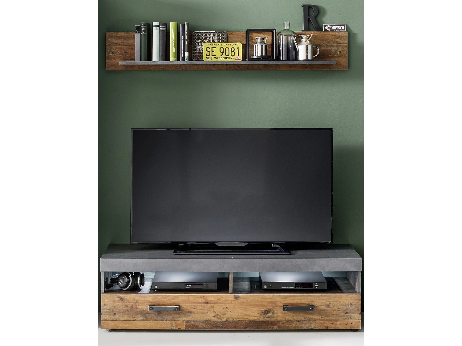 Irina Meuble TV 2 tablettes de rangement et 1 porte battante, gris Matera, style vieux bois.