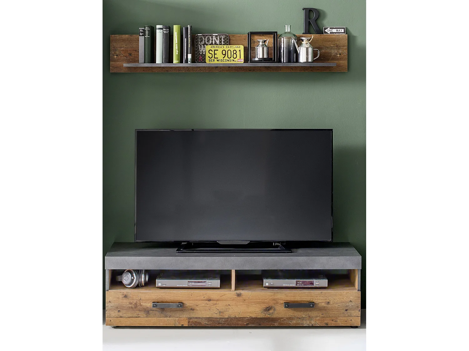 Irina Meuble TV 2 tablettes de rangement et 1 porte battante, gris Matera, style vieux bois.