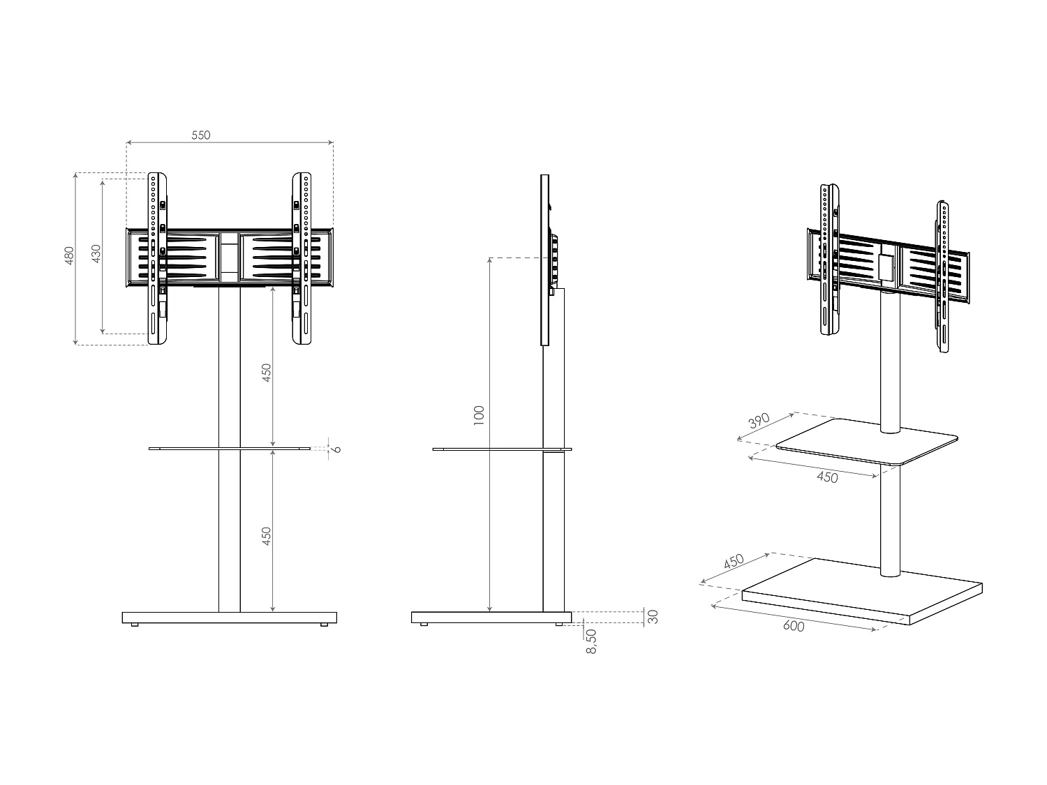 Pés de suporte de TV Nalano Preto A. 100 x L. 60 x P. 45 cm