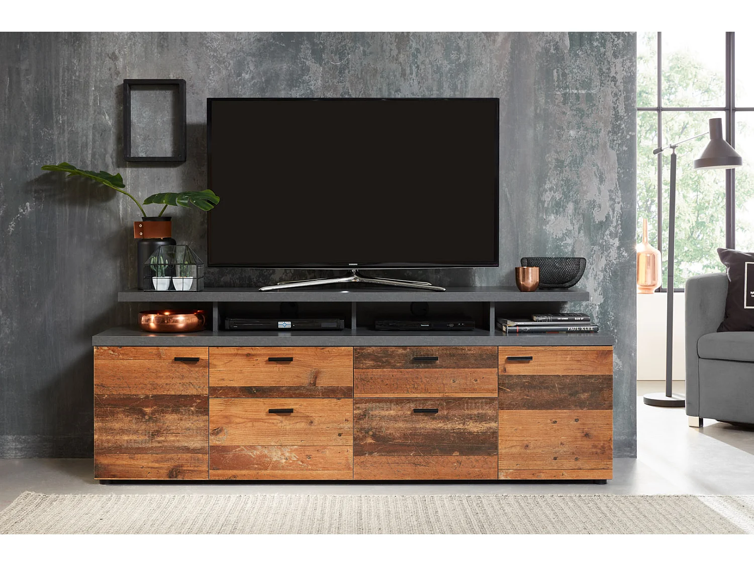 Mood TV Möbel 2 Türen, 2 Schubladen, 4 Offene Fächer, 2 Klappen Eiche Dekor, Old Wood Dekor.