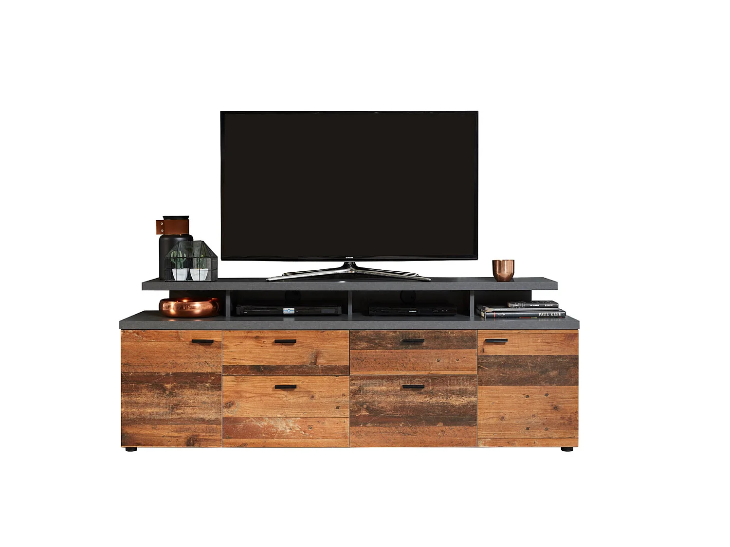 Mood Meubles TV 2 portes, 2 tiroirs, 4 espaces ouverts, 2 volets, finition chêne, style vieux bois.