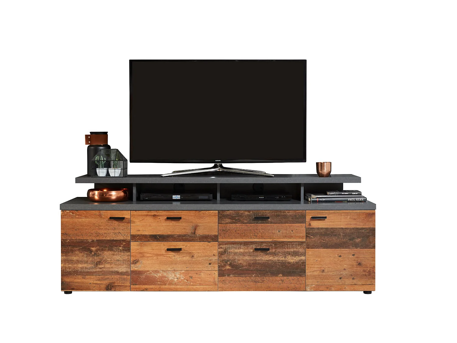 Mood TV-meubel 2 deuren, 2 laden, 4 open vakken, 2 kleppen eiken decor, oud houten decor.