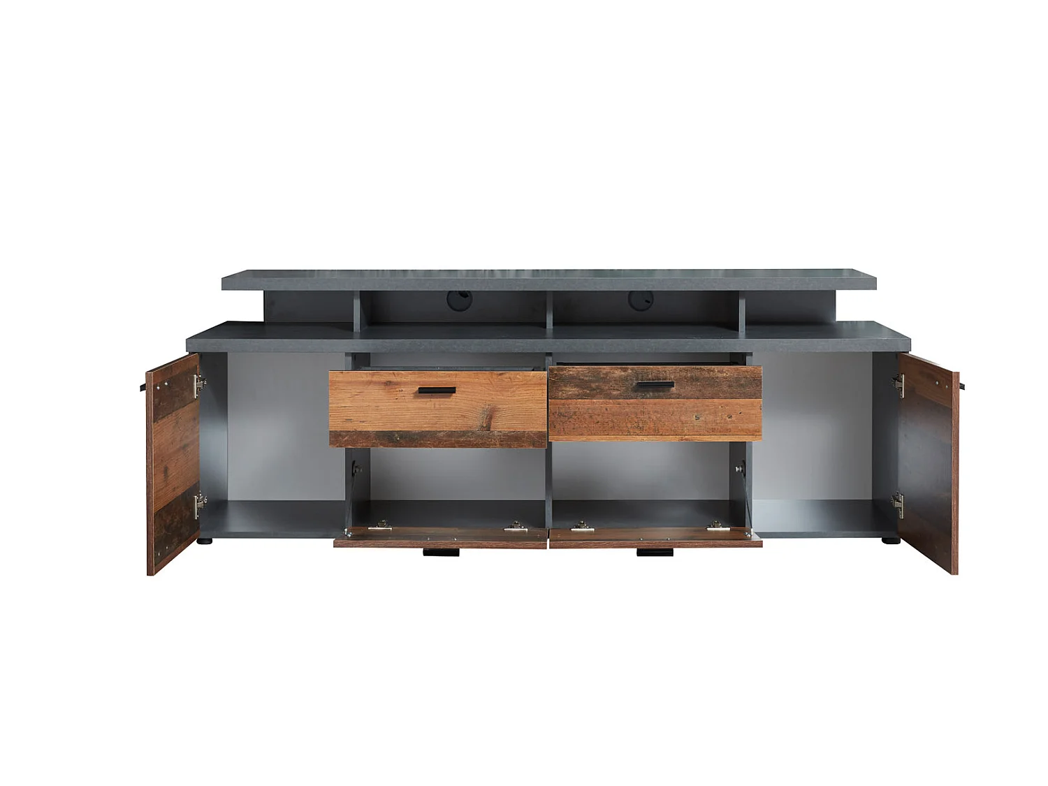 Mood TV-meubel 2 deuren, 2 laden, 4 open vakken, 2 kleppen eiken decor, oud houten decor.