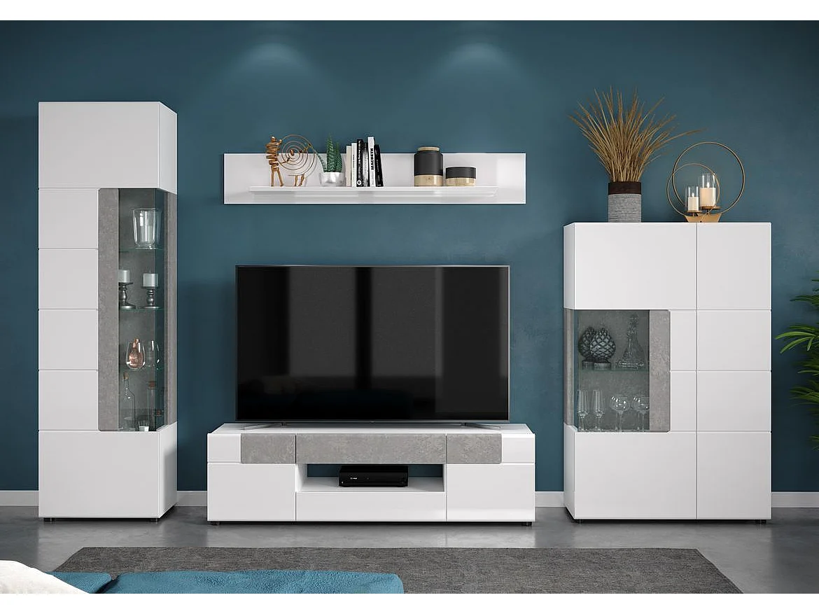 Meuble TV laqué blanc et gris clair ciment Tako 153cm