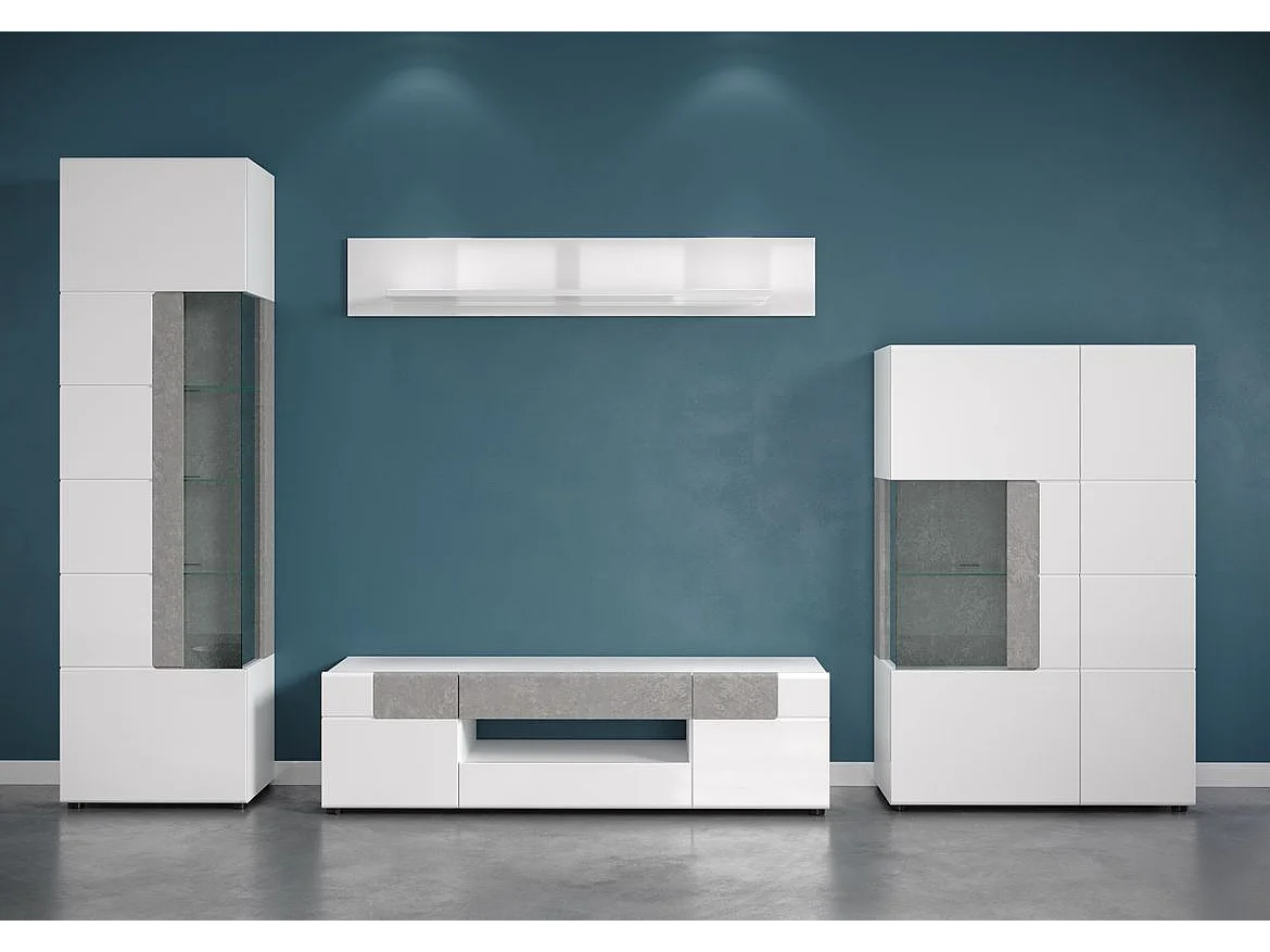 Meuble TV laqué blanc et gris clair ciment Tako 153cm