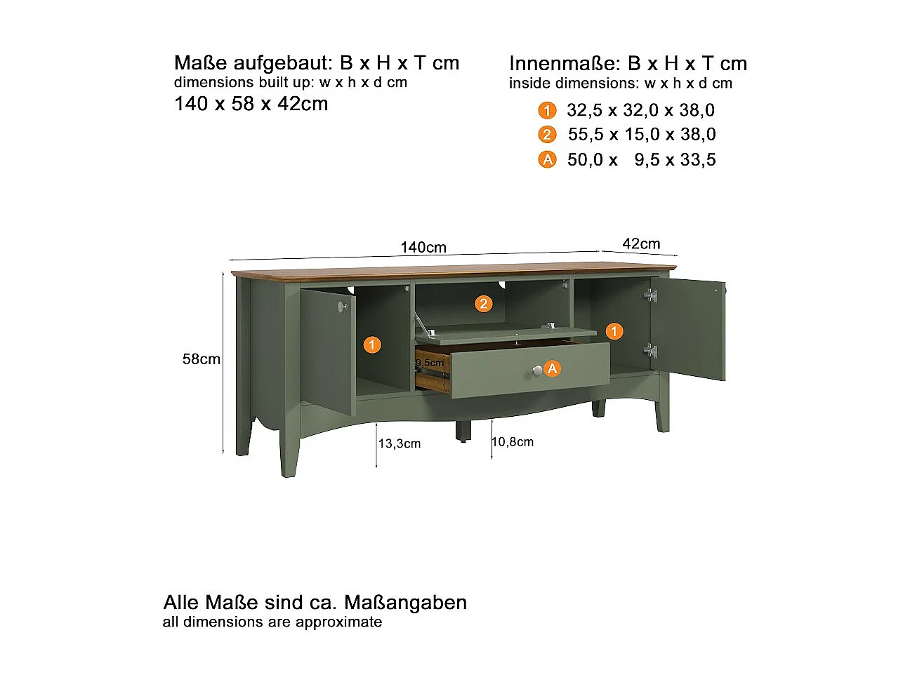 TV-meubel 3 deuren 1 lade groen en licht hout Elisa