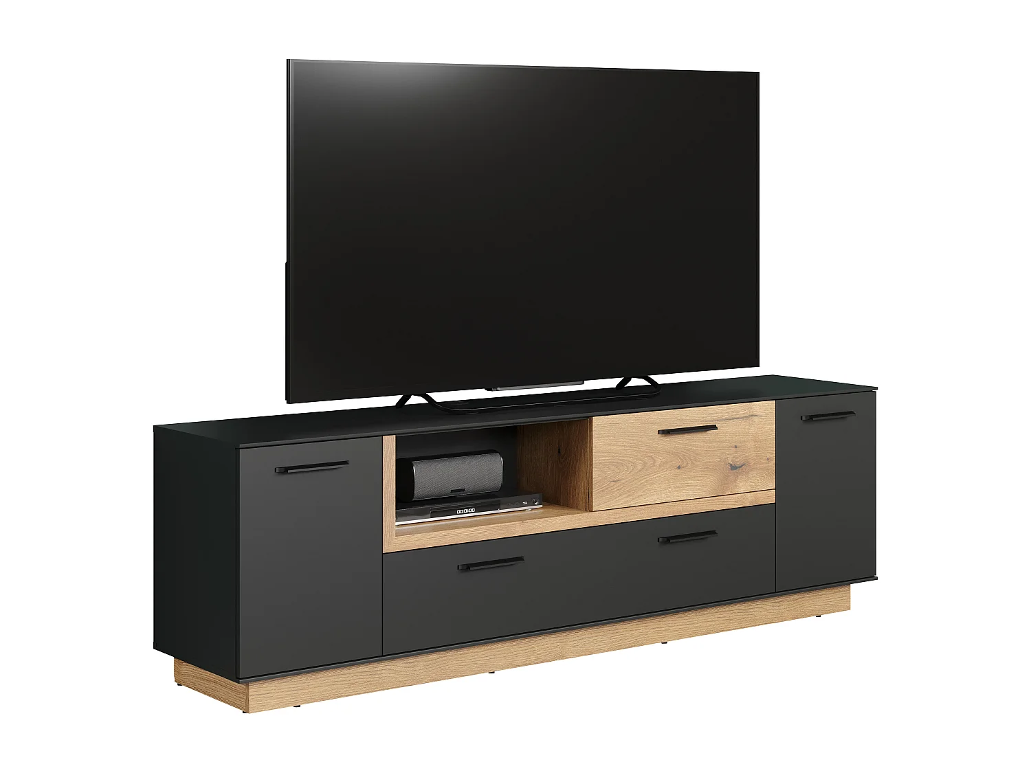 Synnax table TV 2 portes, 2 Claquement de portes, 1 tablette, 1 tiroir gris,chêne décor.