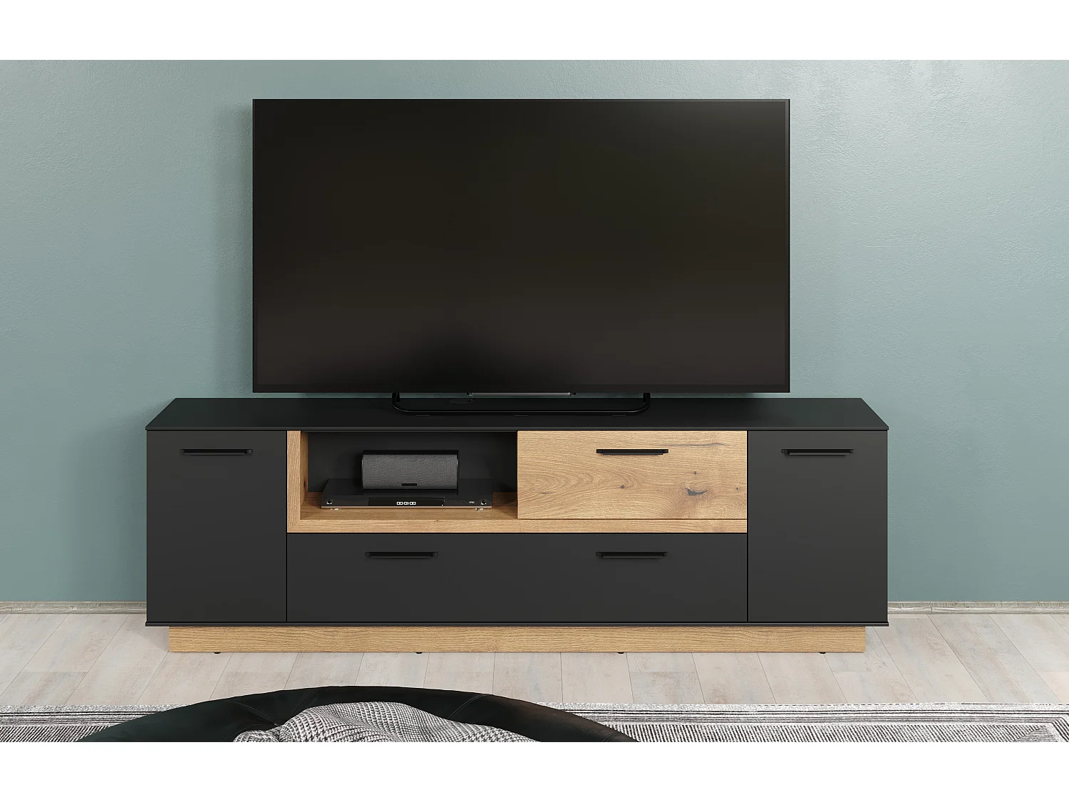 Synnax table TV 2 portes, 2 Claquement de portes, 1 tablette, 1 tiroir gris,chêne décor.