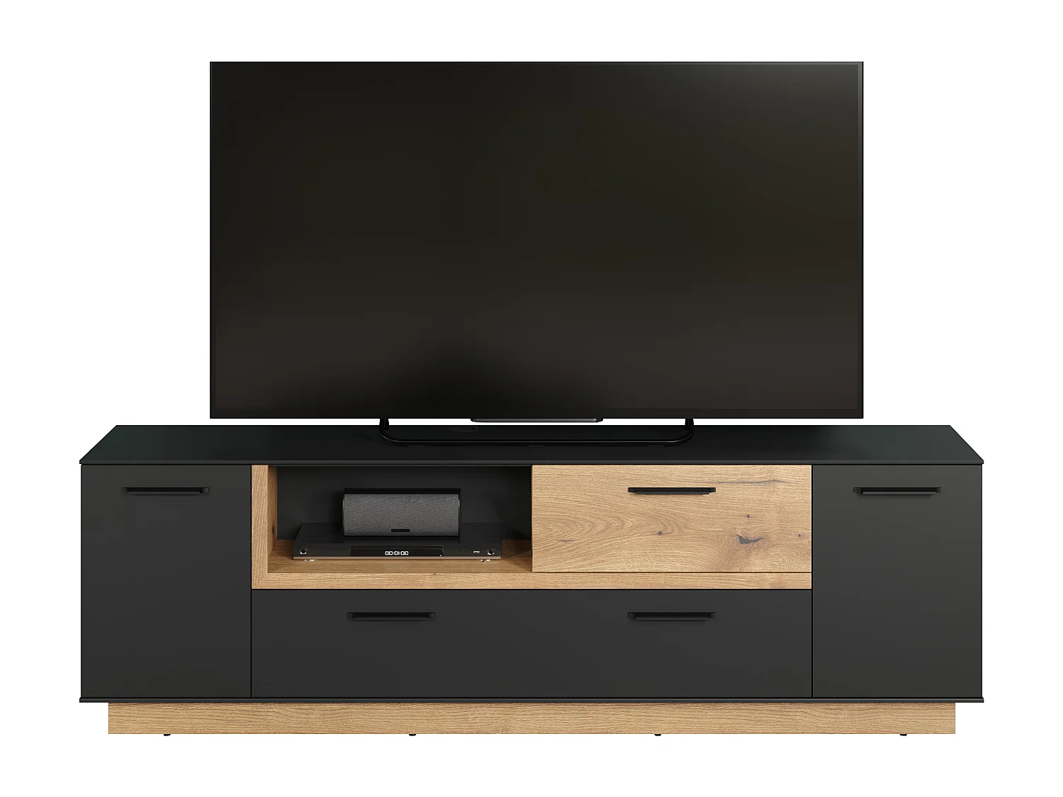 Synnax table TV 2 portes, 2 Claquement de portes, 1 tablette, 1 tiroir gris,chêne décor.