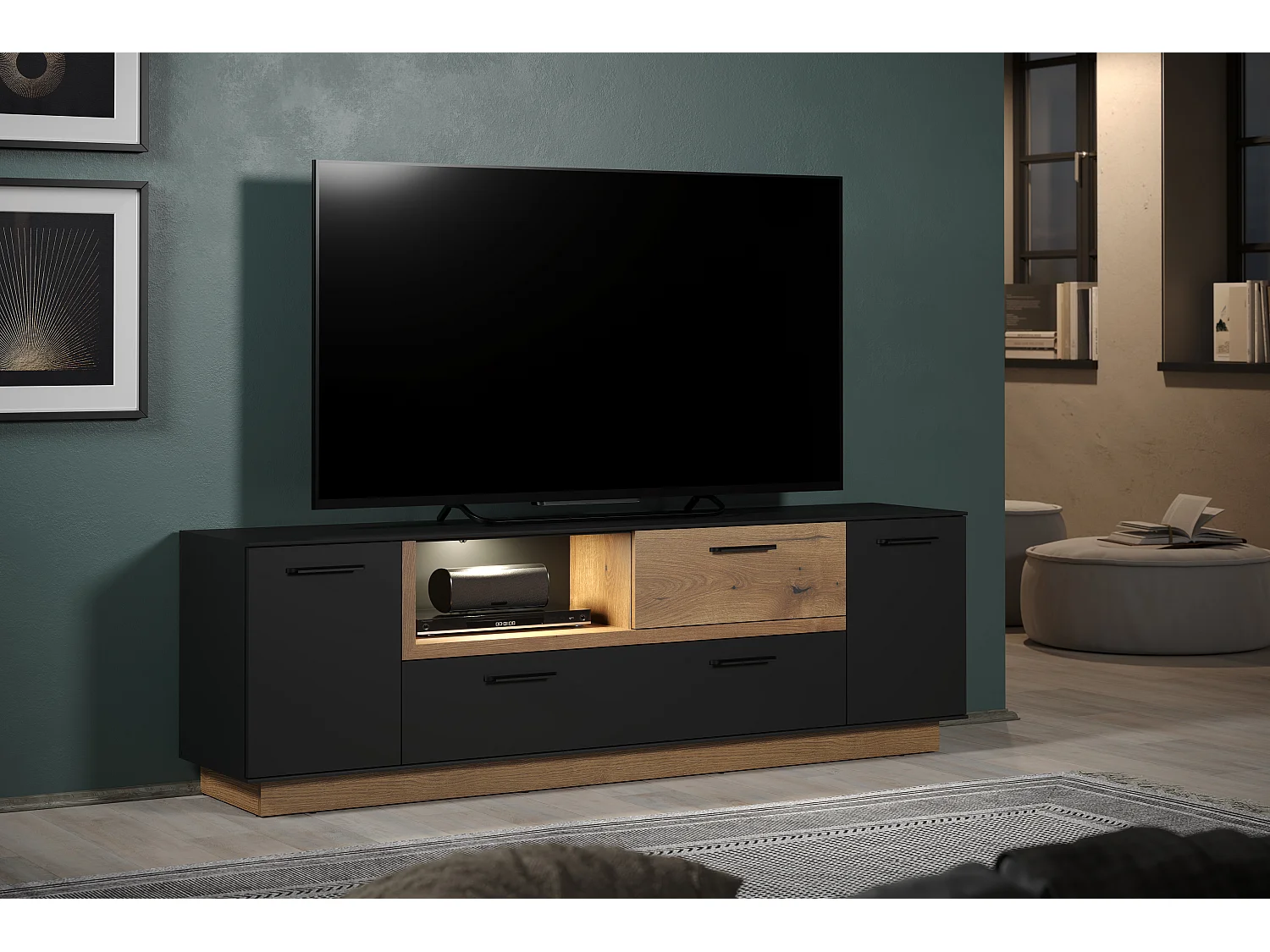 Synnax table TV 2 portes, 2 Claquement de portes, 1 tablette, 1 tiroir gris,chêne décor.