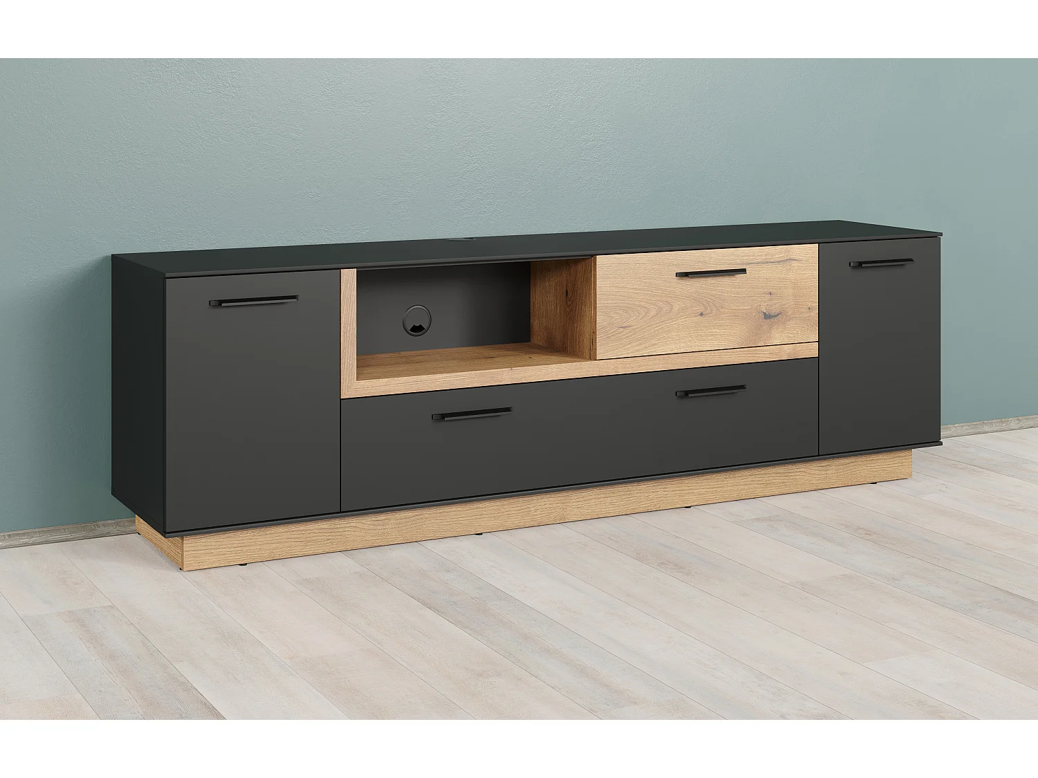 Synnax table TV 2 portes, 2 Claquement de portes, 1 tablette, 1 tiroir gris,chêne décor.