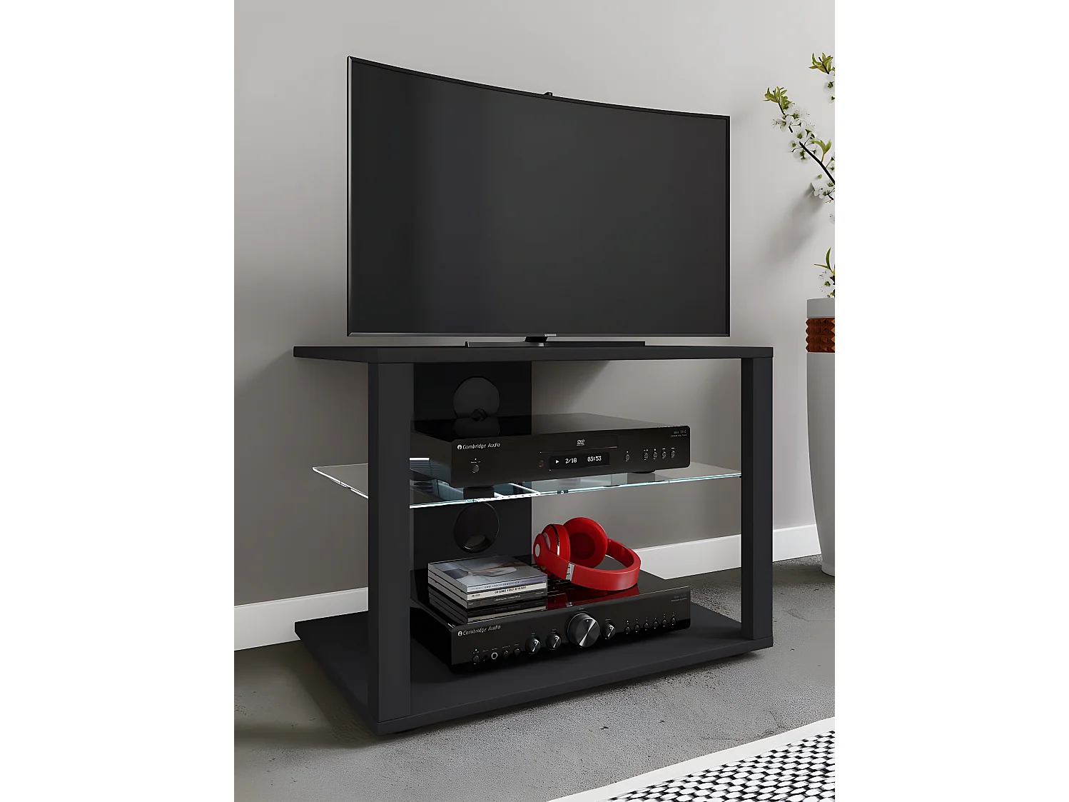 VCM bois TV Lowboard meuble TV Rack console meuble TV table phono verre Folas M (noir)
