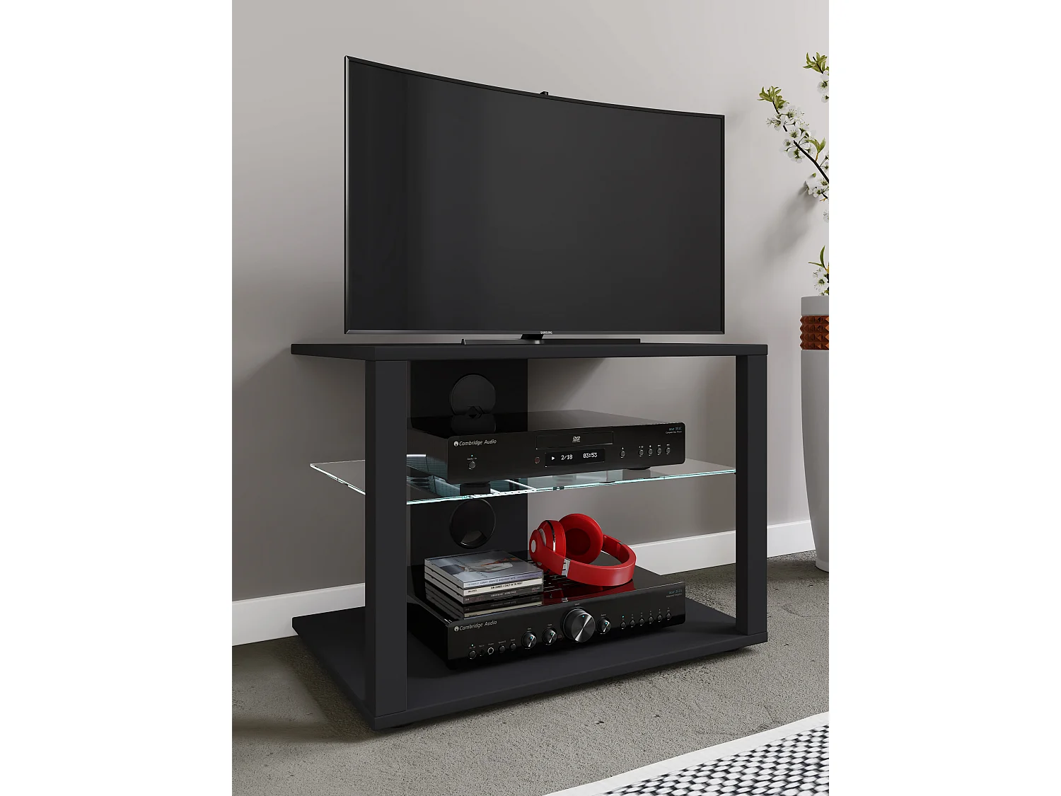 VCM bois TV Lowboard meuble TV Rack console meuble TV table phono verre Folas M (noir)