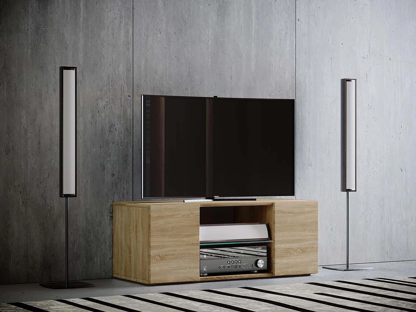 Lowina95 table TV 2 portes 2 tiroirs chêne décor.
