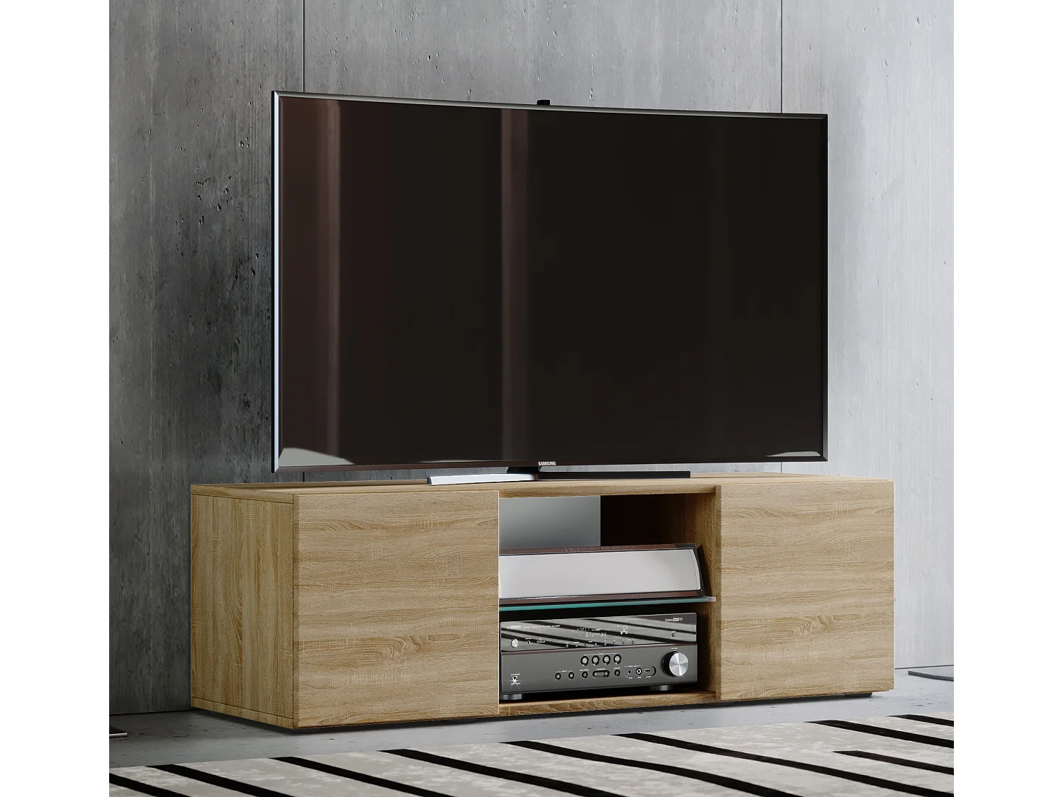 Lowina95 table TV 2 portes 2 tiroirs chêne décor.