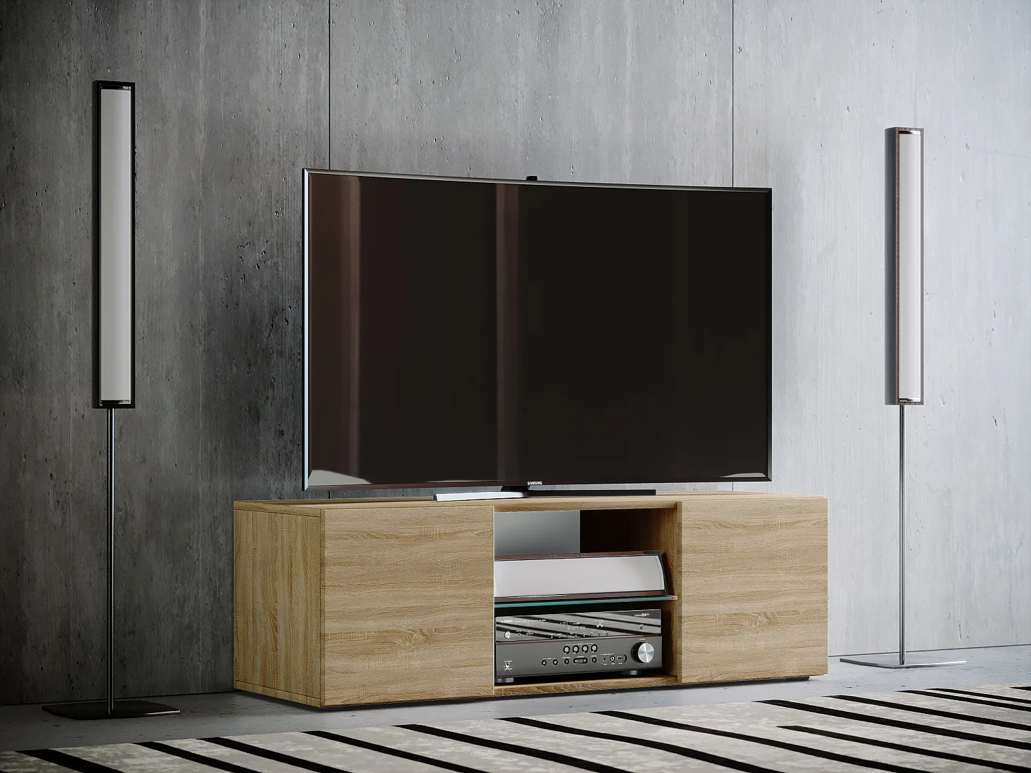 Lowina95 table TV 2 portes 2 tiroirs chêne décor.