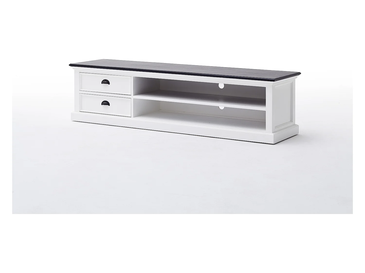 HalifaxContrast tv-meubel met 2 lades en 1 plank, in wit met zwarte bovenkant.