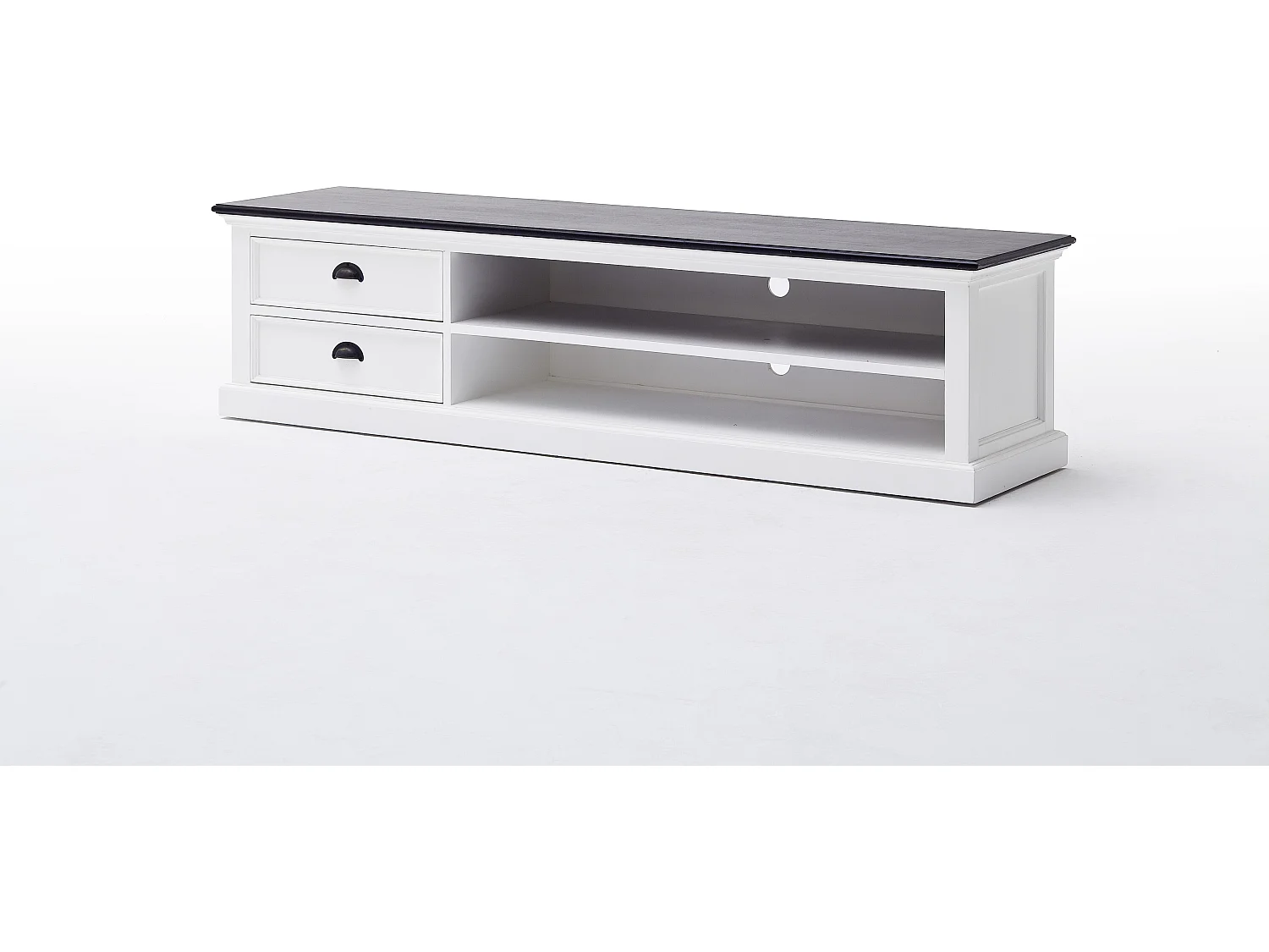 HalifaxContrast tv-meubel met 2 lades en 1 plank, in wit met zwarte bovenkant.