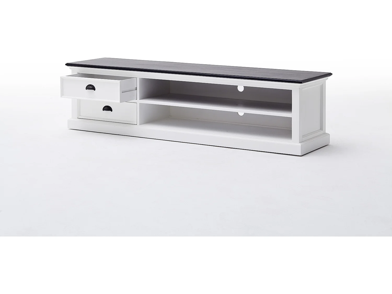 HalifaxContrast tv-meubel met 2 lades en 1 plank, in wit met zwarte bovenkant.