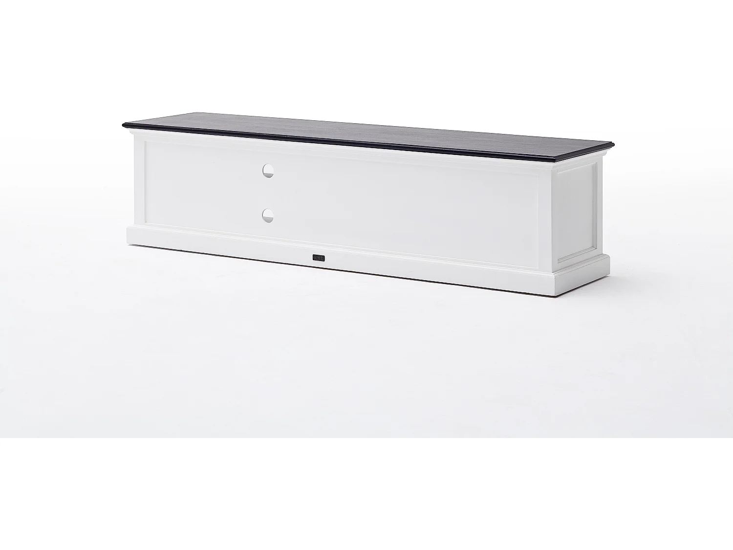 HalifaxContrast tv-meubel met 2 lades en 1 plank, in wit met zwarte bovenkant.