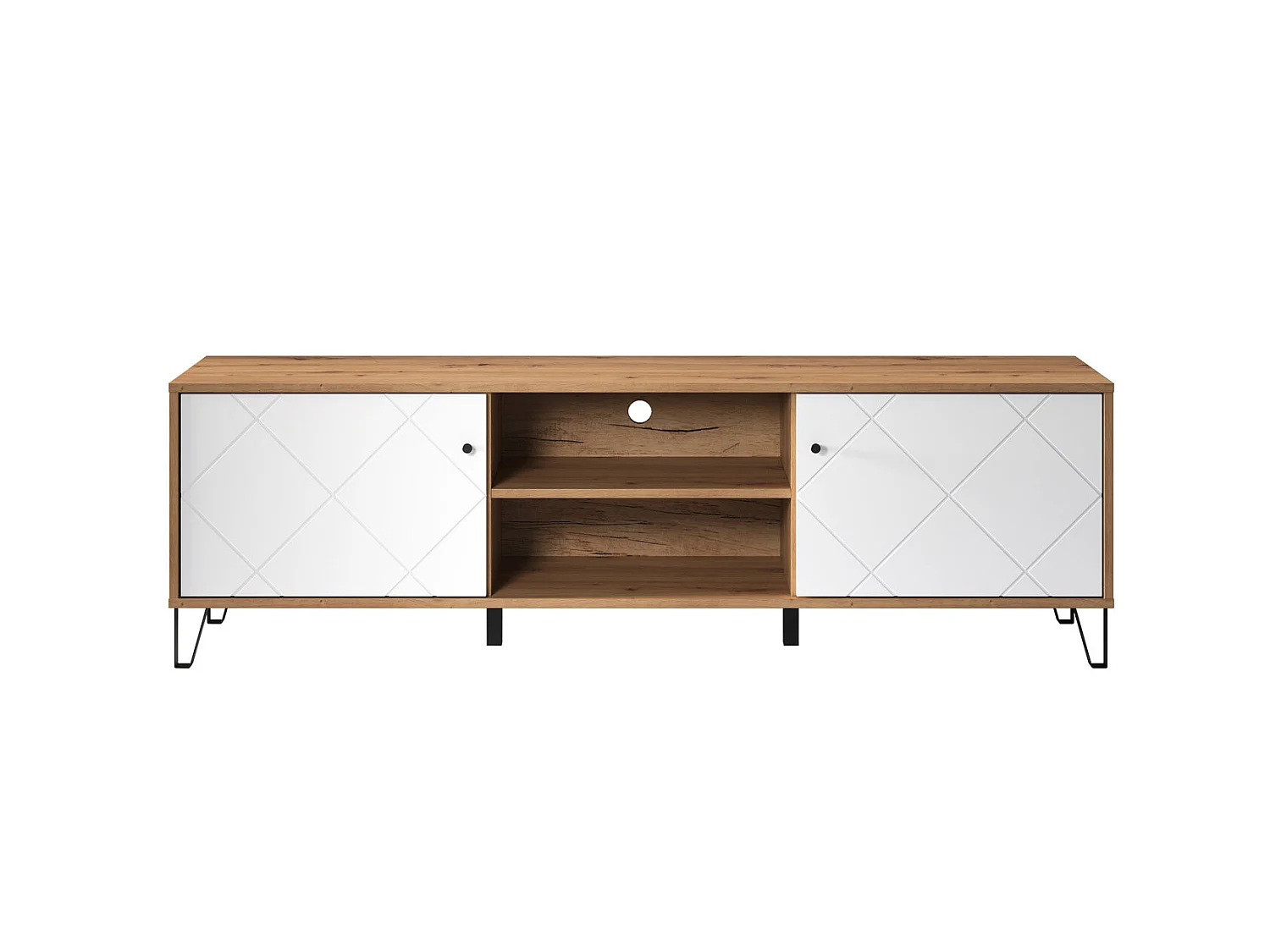 Touch Meuble TV 2 portes, 2 espaces ouverts, finition chêne, blanc mat.