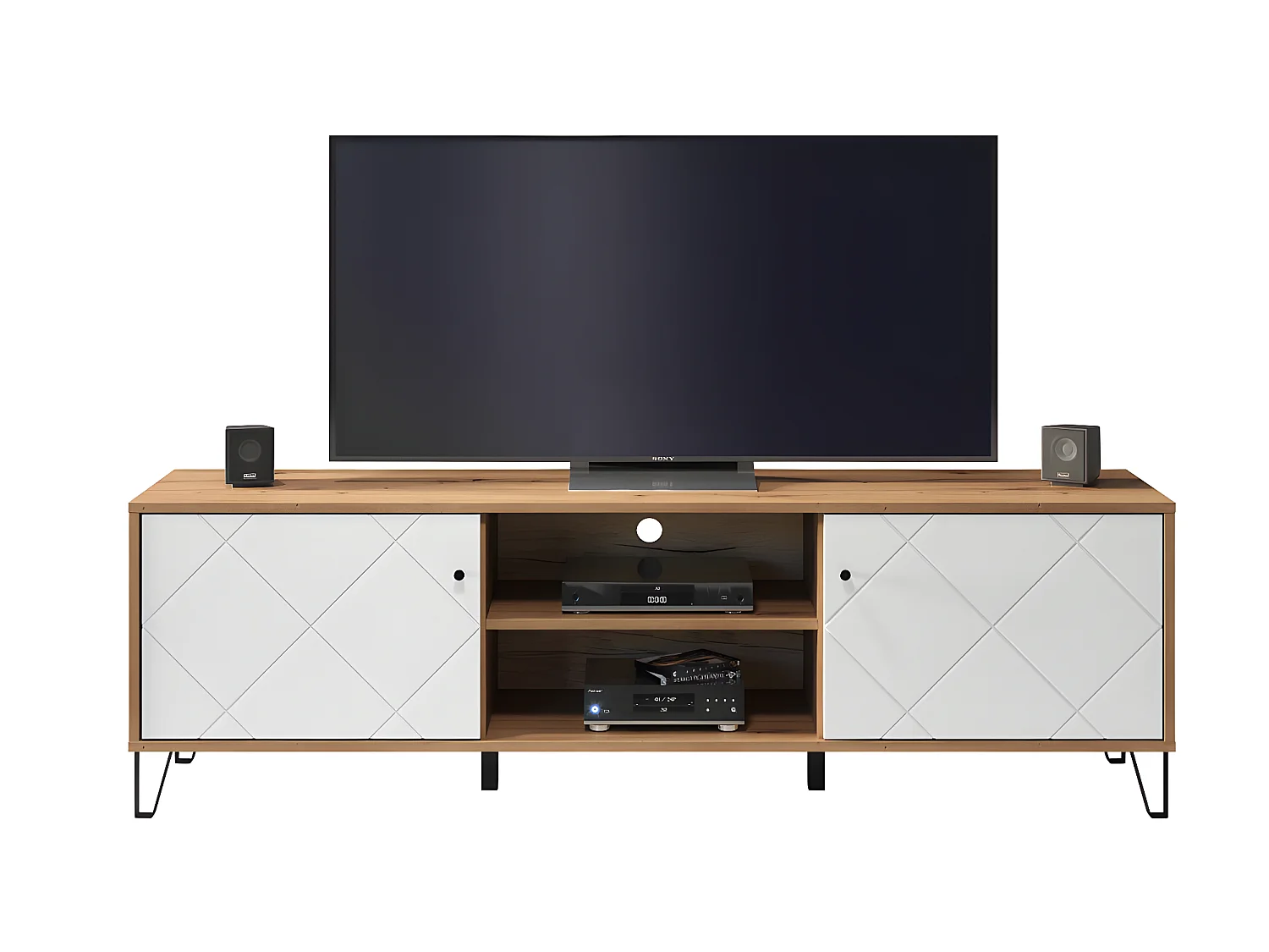 Touch TV-meubel 2 deuren, 2 open vakken eiken decor, wit mat.