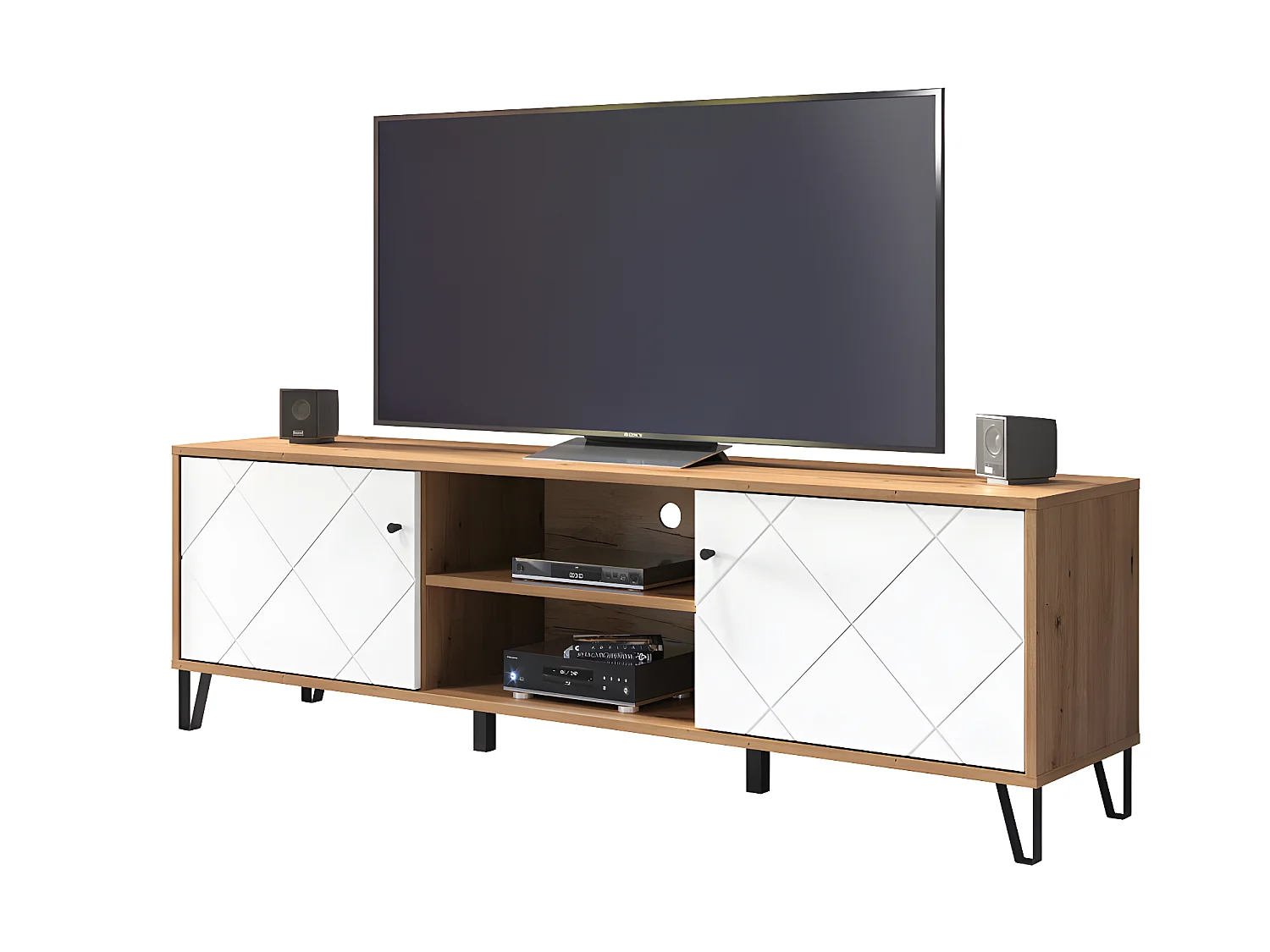 Touch TV-meubel 2 deuren, 2 open vakken eiken decor, wit mat.