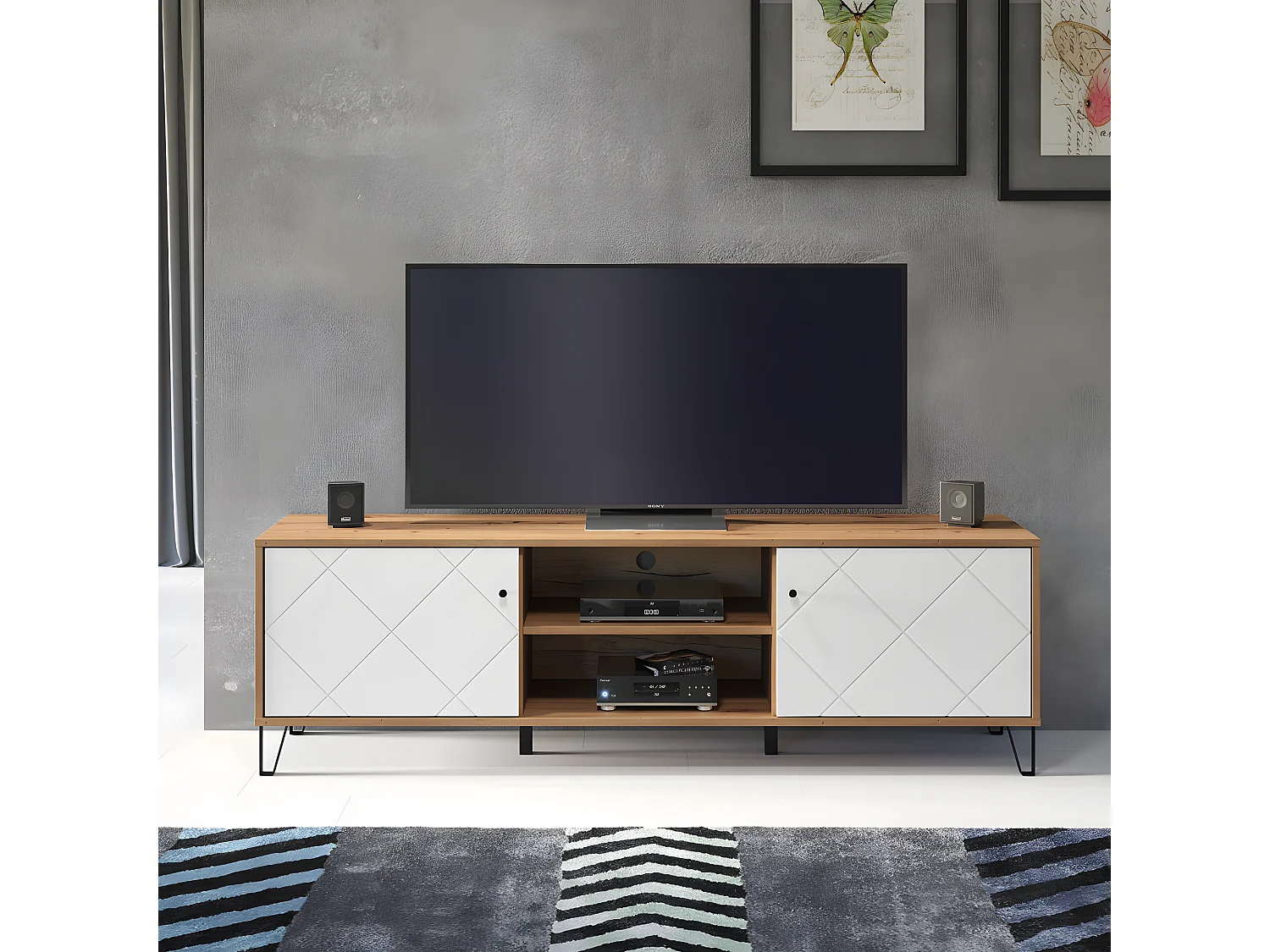 Touch TV-meubel 2 deuren, 2 open vakken eiken decor, wit mat.