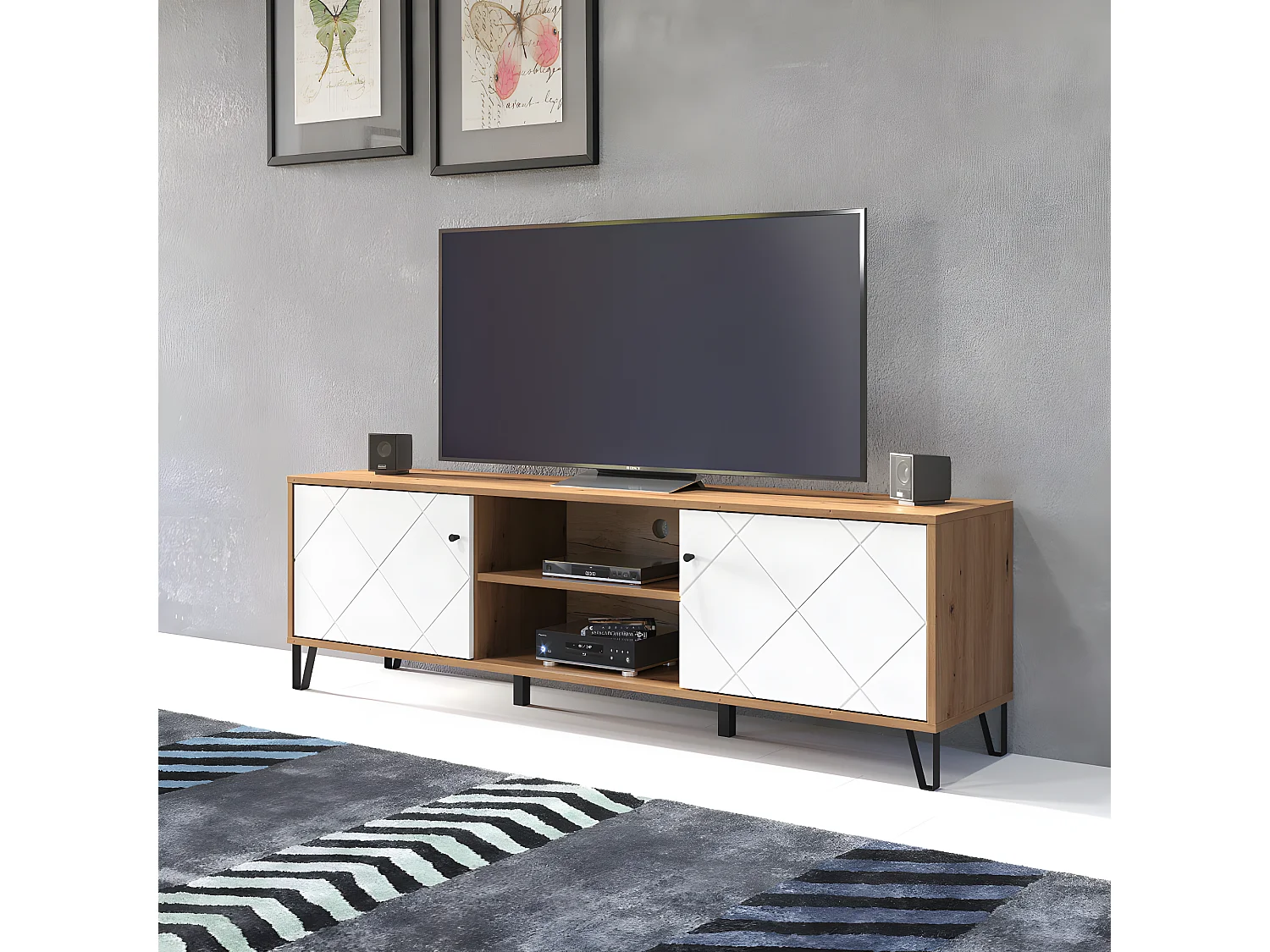 Touch TV-meubel 2 deuren, 2 open vakken eiken decor, wit mat.