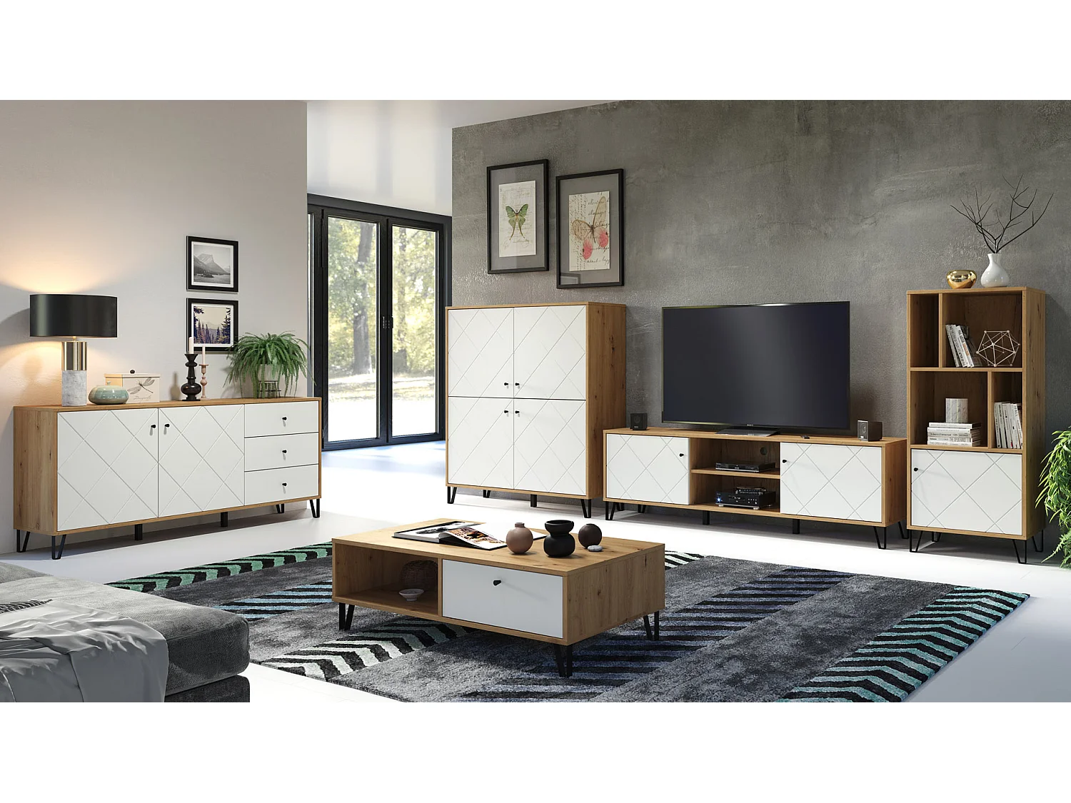 Touch TV-meubel 2 deuren, 2 open vakken eiken decor, wit mat.