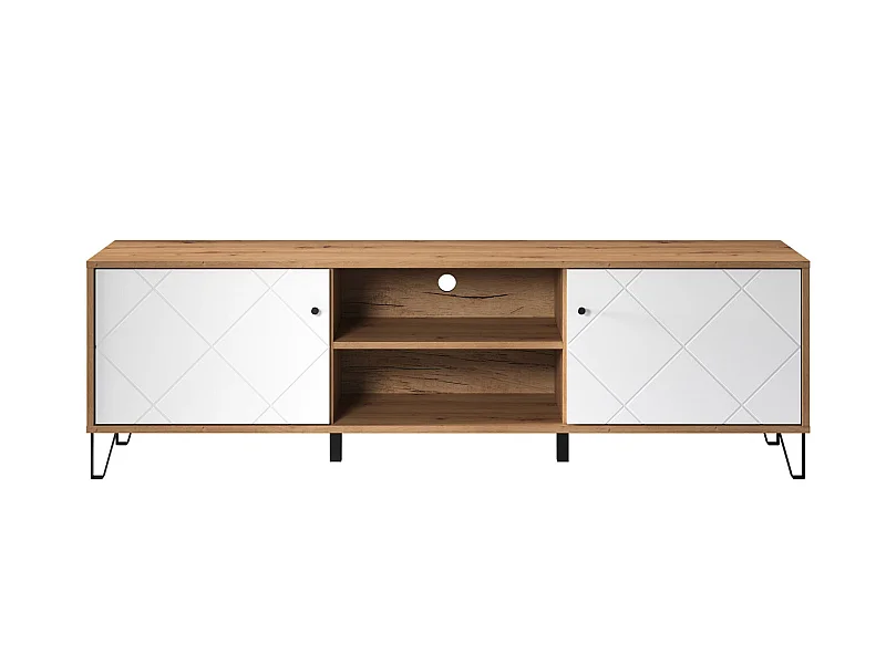 Touch Meuble TV 2 portes, 2 espaces ouverts, finition chêne, blanc mat.