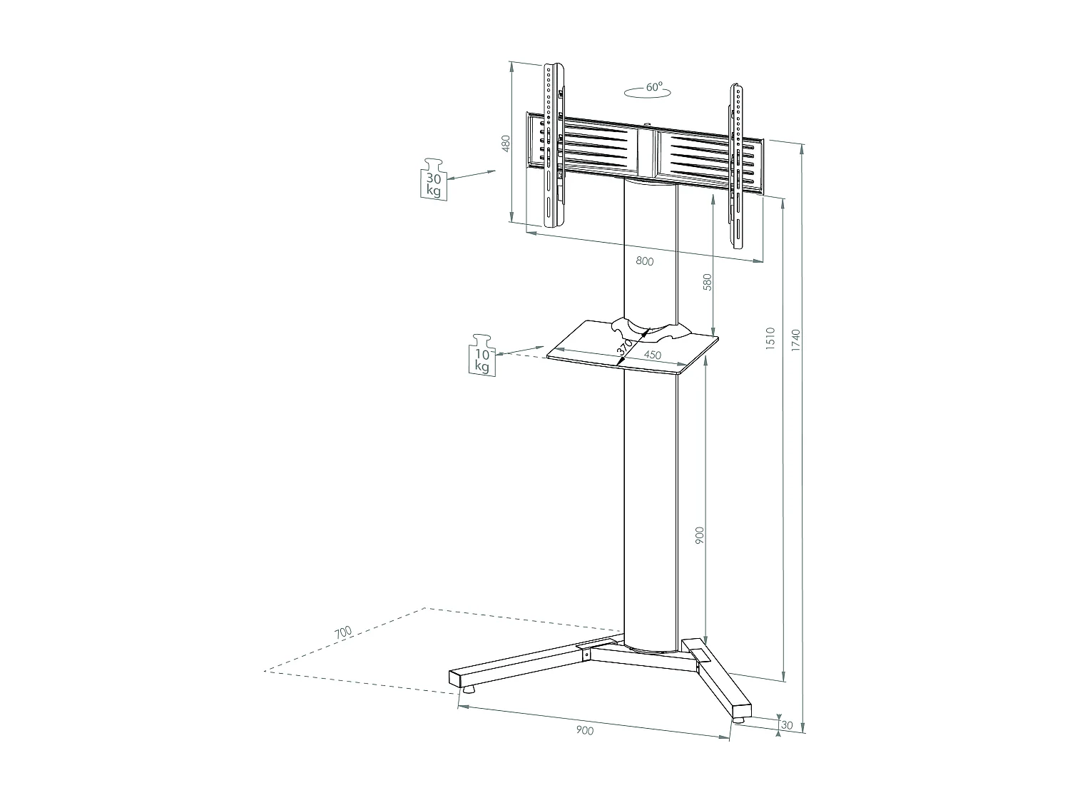 TV stand feet Stadino Silver H. 174 x W. 90 x D. 74 cm