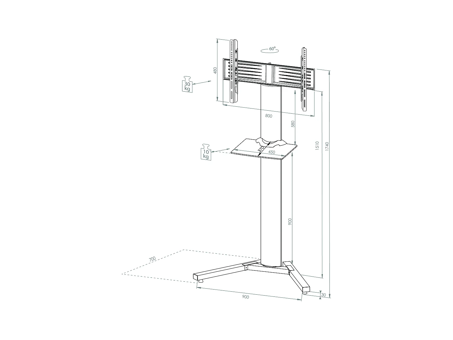 TV stand feet Stadino Silver H. 174 x W. 90 x D. 74 cm