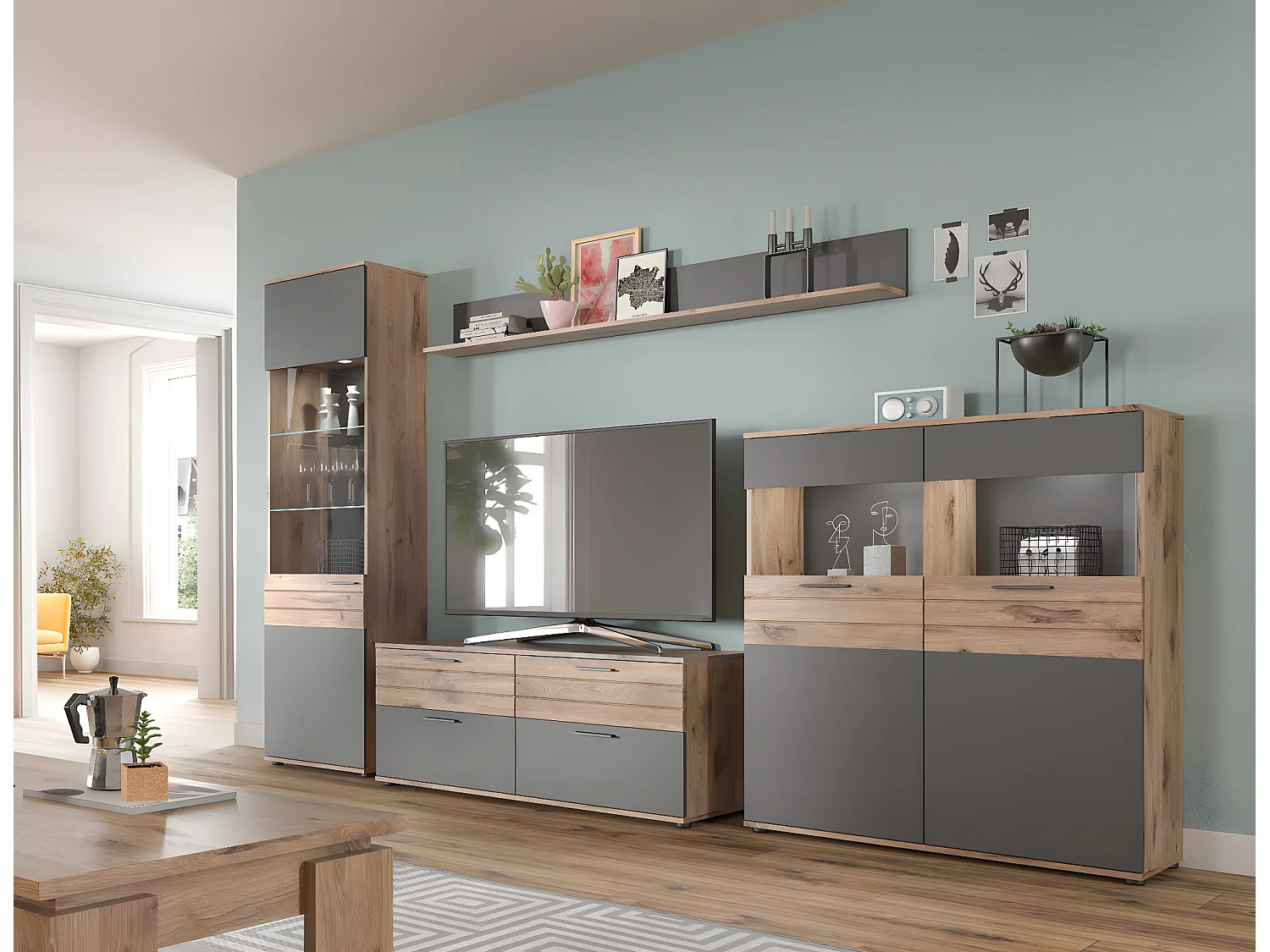 Mason table tV 2 portes, 2 tiroirs chêne décor.