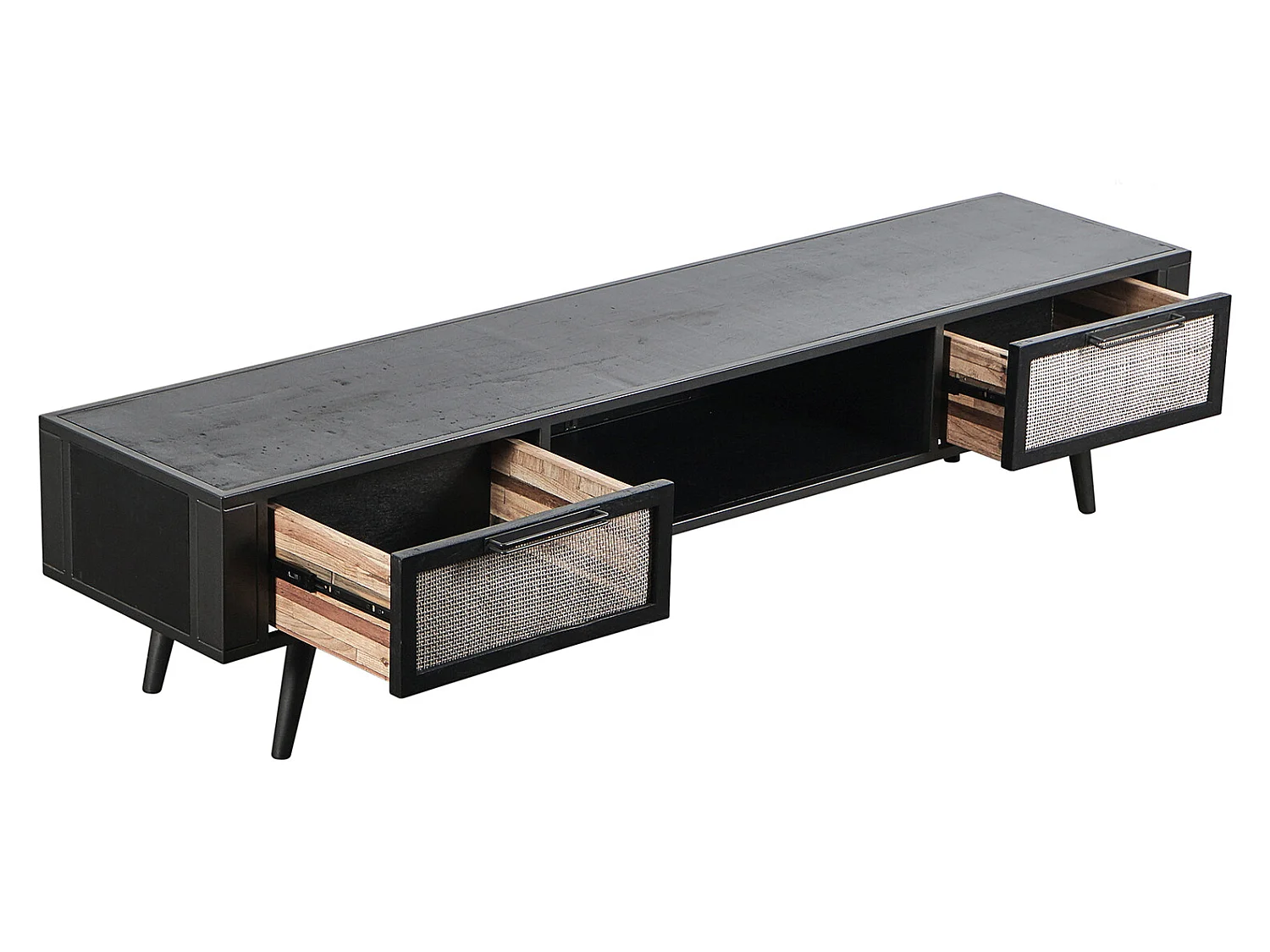 NordicMindiRattan TV-meubel met 1 legplank en 2 laden, zwart.