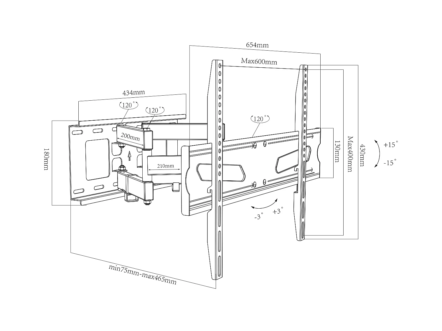 TV wall mount B-NS600 Black H. 43 x W. 65 x D. 8 cm