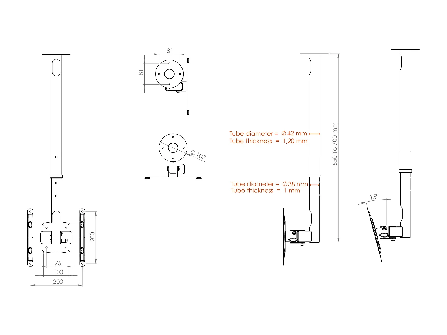 TV ceiling mount B-DX Black H. 63 x W. 20 x D. 15 cm