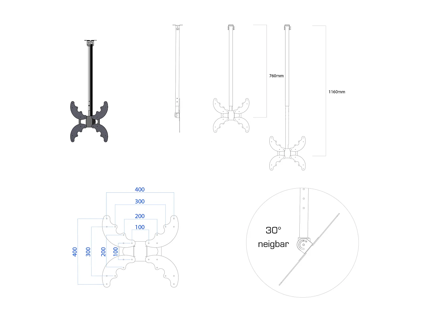 TV ceiling mount B-DX Black H. 76 x W. 40 x D. 15 cm