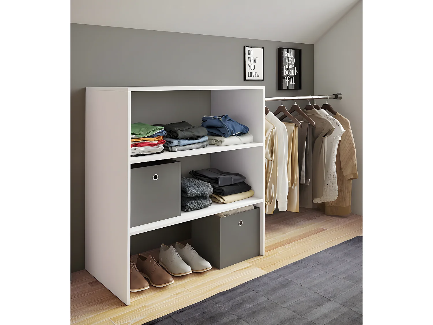VCM bois Armoire ouverte dressing penderie penthouse étagère Dacho ll (blanc)
