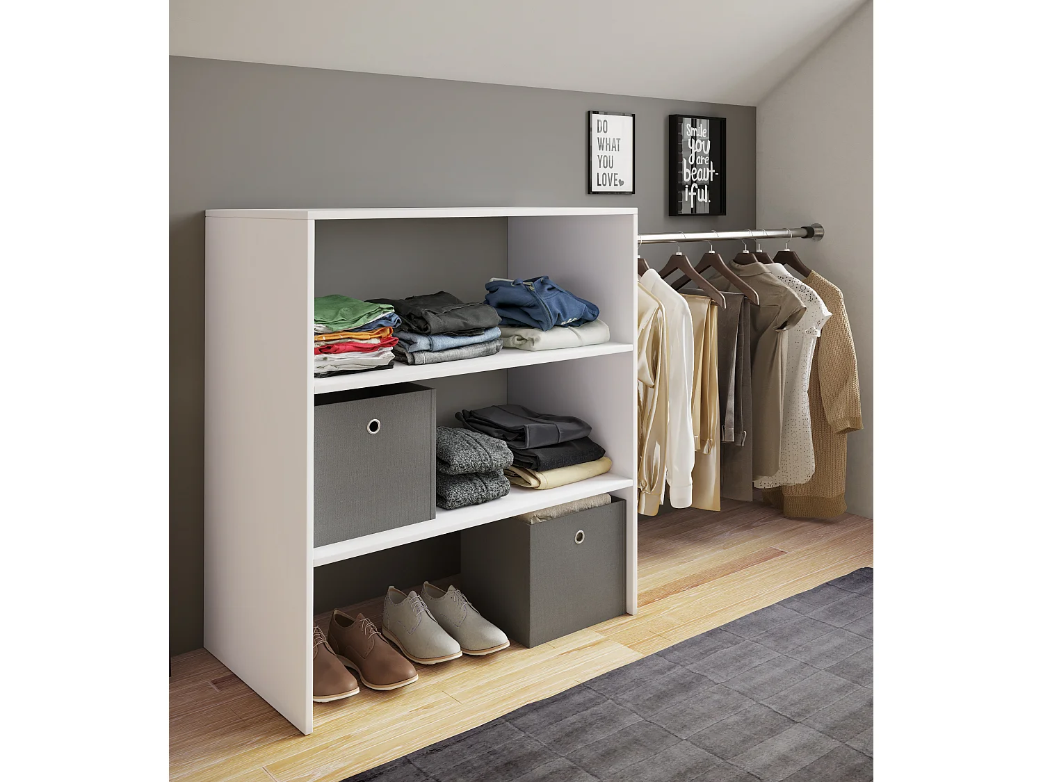 VCM bois Armoire ouverte dressing penderie penthouse étagère Dacho ll (blanc)
