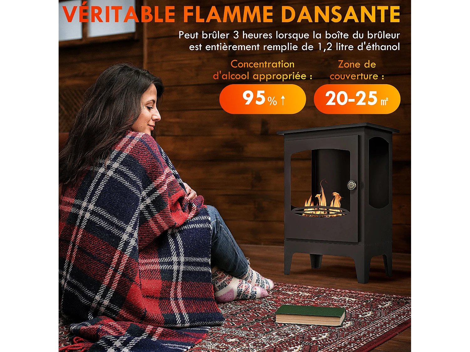 Cheminée bioéthanol sur pied style néo-rétro poêle - brûleur 1,2 L - contrôle de flamme et manche inclus - acier noir