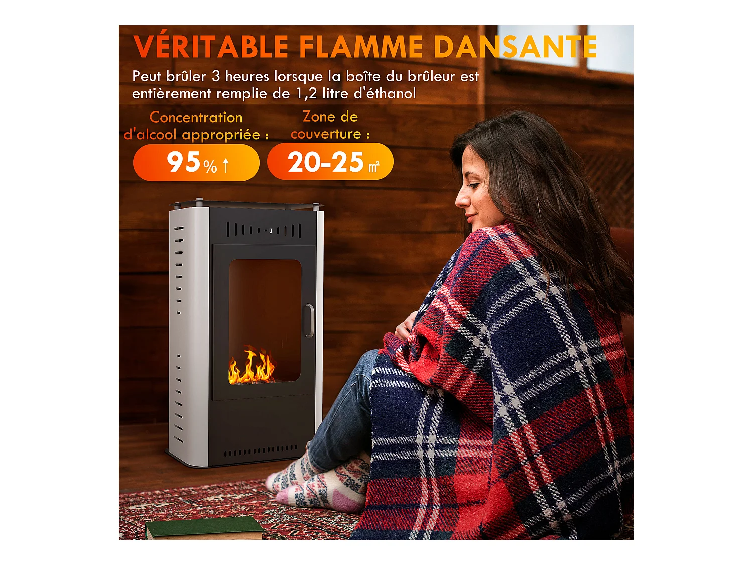 Cheminée bioéthanol design contemporain - étagère - brûleur 1,2 L - contrôle de flamme et manche inclus - acier noir blanc