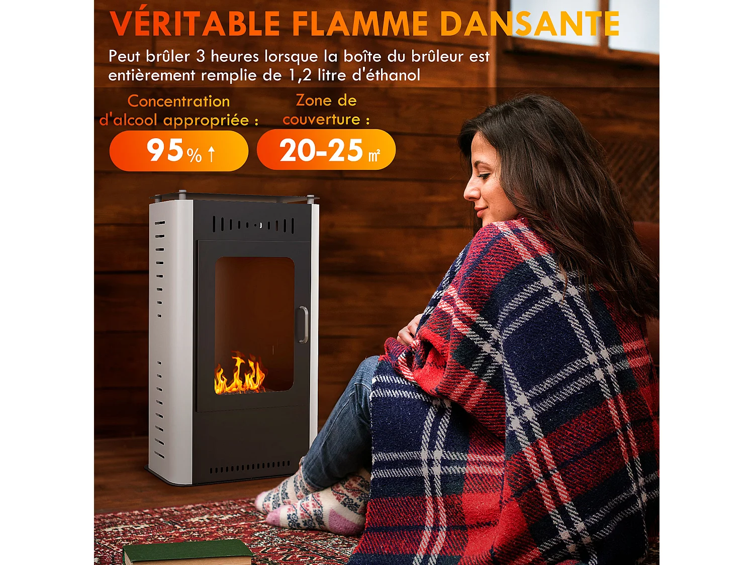 Cheminée bioéthanol design contemporain - étagère - brûleur 1,2 L - contrôle de flamme et manche inclus - acier noir blanc