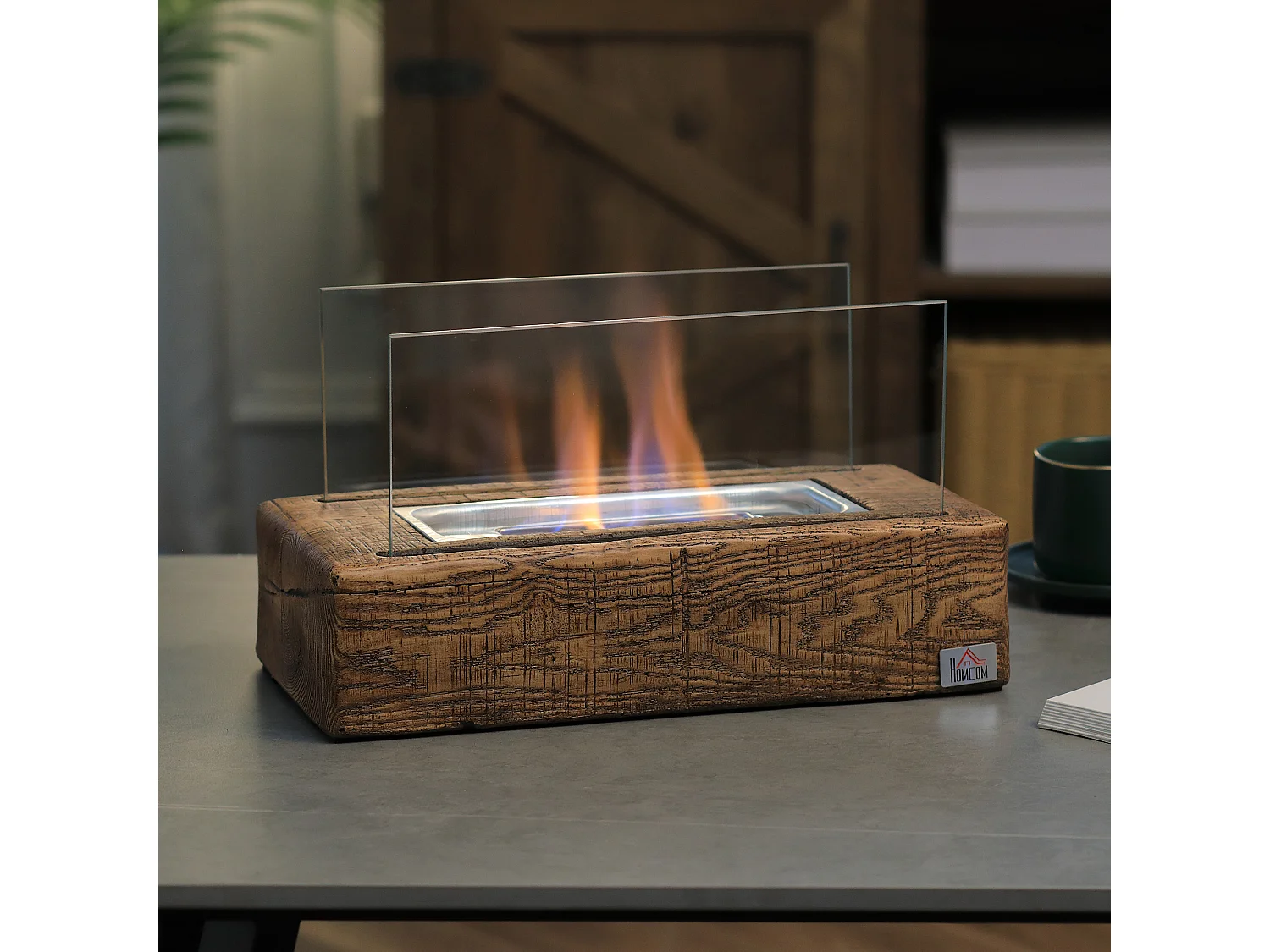 Cheminée portable à poser bioéthanol avec réservoir 0,15 L couverture 18 m² - design bûche de bois - dim. 33L x 16l x 18H cm