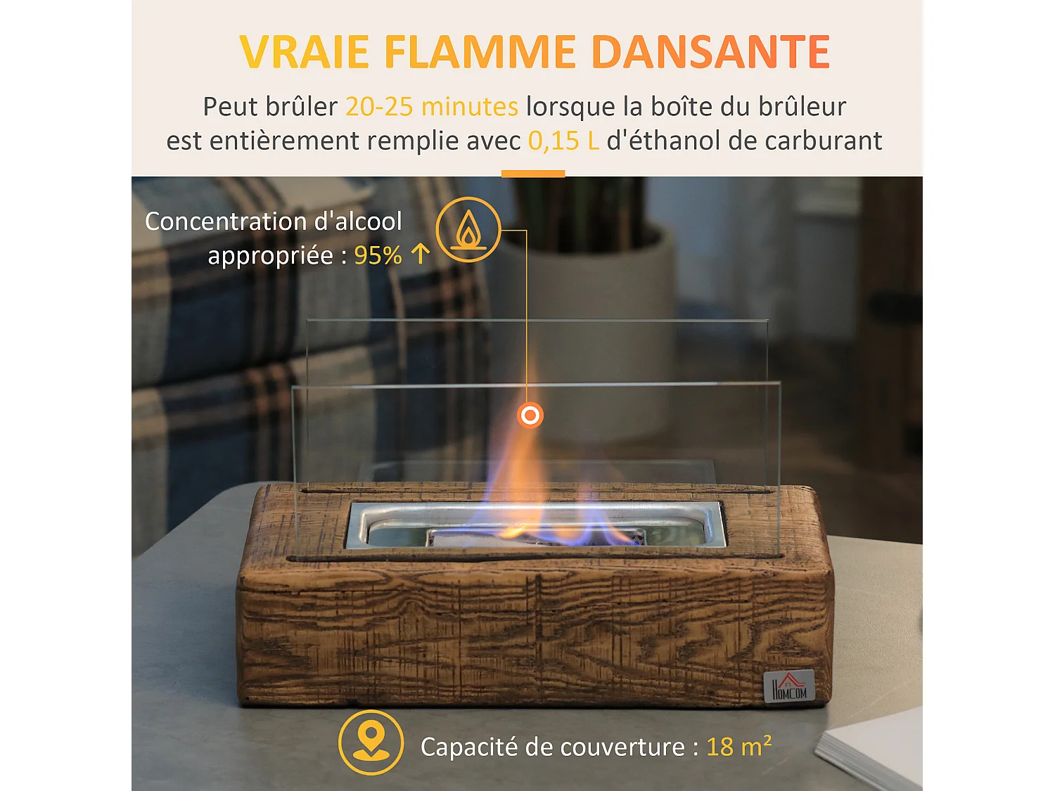 Cheminée portable à poser bioéthanol avec réservoir 0,15 L couverture 18 m² - design bûche de bois - dim. 33L x 16l x 18H cm